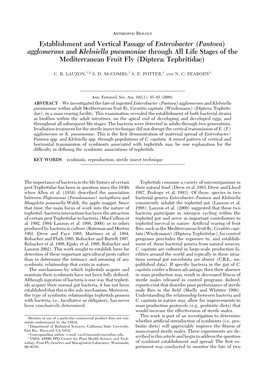 Pantoea) Agglomerans and Klebsiella Pneumoniae Through All Life Stages of the Mediterranean Fruit Fly (Diptera: Tephritidae