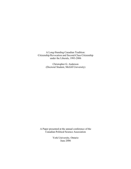 A Long-Standing Canadian Tradition: Citizenship Revocation and Second-Class Citizenship Under the Liberals, 1993-2006