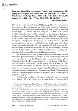 Panayiotis Tzamalikos, Anaxagoras, Origen, and Neoplatonism. Te