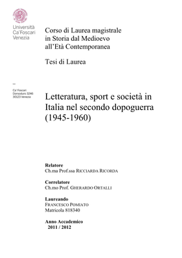 Letteratura, Sport E Società in Italia Nel Secondo Dopoguerra (1945-1960)