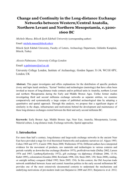 Change and Continuity in the Long-Distance Exchange Networks Between Western/Central Anatolia, Northern Levant and Northern Mesopotamia, C.3200- 1600 BC