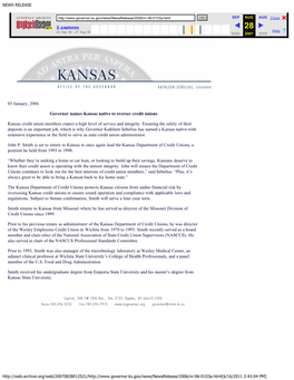 03 January, 2006 Governor Names Kansas Native to Oversee Credit
