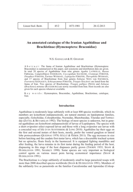 An Annotated Catalogue of the Iranian Agathidinae and Brachistinae (Hymenoptera: Braconidae)