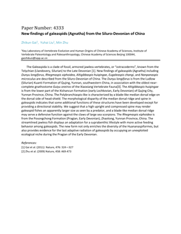 Paper Number: 4333 New Findings of Galeaspids (Agnatha) from the Siluro-Devonian of China