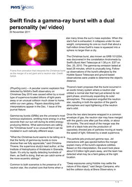 Swift Finds a Gamma-Ray Burst with a Dual Personality (W/ Video) 30 November 2011