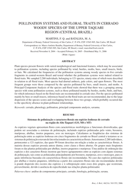 Pollination Systems and Floral Traits in Cerrado Woody Species of the Upper Taquari Region (Central Brazil)