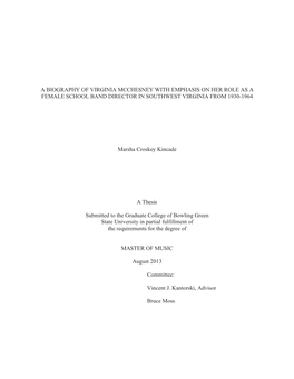 A Biography of Virginia Mcchesney with Emphasis on Her Role As a Female School Band Director in Southwest Virginia from 1930-1964