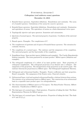 Functional Analysis I Colloquium (Oral Midterm Exam) Questions December 13, 2013