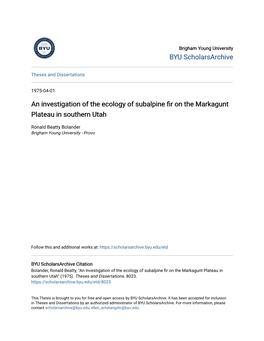 An Investigation of the Ecology of Subalpine Fir on the Markagunt Plateau in Southern Utah