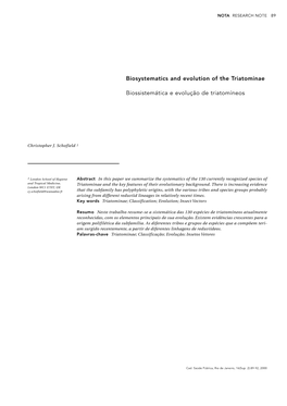 Biosystematics and Evolution of the Triatominae Biossistemática E Evolução De Triatomíneos