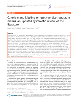 Calorie Menu Labeling on Quick-Service Restaurant Menus: an Updated Systematic Review of the Literature Jonas J Swartz1*, Danielle Braxton2 and Anthony J Viera1,3