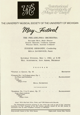The University Musical Society of the University of Michigan Saturday Evening, May 1, 1982, at 8:30 Hill Auditorium, Ann Arbor