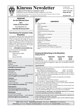 Kinross Newsletter Mrs Nan Walker, MBE Founded in 1977 by Kinross Community Council ISSN 1757-4781 Published by Kinross Newsletter Limited, Company No