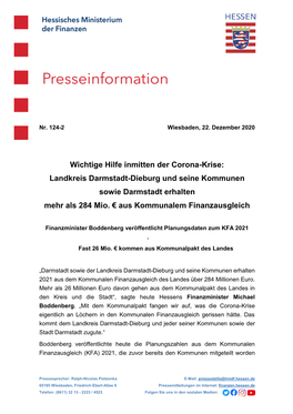 Wichtige Hilfe Inmitten Der Corona-Krise: Landkreis Darmstadt-Dieburg Und Seine Kommunen Sowie Darmstadt Erhalten Mehr Als 284 Mio