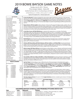 2019 BOWIE BAYSOX GAME NOTES Tuesday, June 25, 2019 - 7:05 P.M