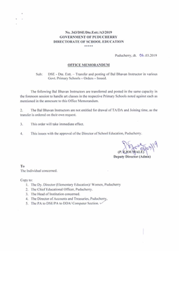 Transfer and Posting of Bal Bhavan Instructors