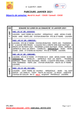 PARCOURS JANVIER 2021 Départs De Semaine: Mardi & Jeudi : 13H30 / Samedi: 13H30