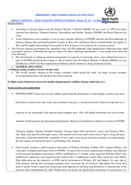 WHO COUNTRY OFFICE ETHIOPIA: (Week 22, 25 – 31 May 2009) HIGH LIGHTS