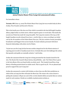 2009 Polaris Music Prize Long List Announced Today