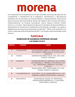 Tlaxcala Domicilios De Asambleas Distritales Locales 6 De Febrero De 2018