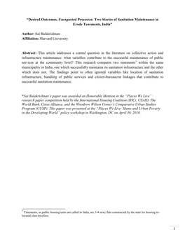 “Desired Outcomes, Unexpected Processes: Two Stories of Sanitation Maintenance in Erode Tenements, India” Author: Sai Balakr