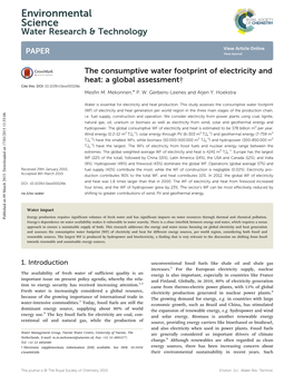 The Consumptive Water Footprint of Electricity and Heat: a Global Assessment† Cite This: DOI: 10.1039/C5ew00026b Mesfin M