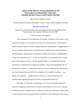 Aspects of the History of Instrumentation in the Neurosciences at Rockefeller University: Nobelists Herbert Gasser and H