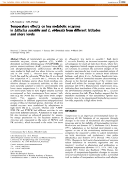 Temperature Effects on Key Metabolic Enzymes in Littorina Saxatilis and L