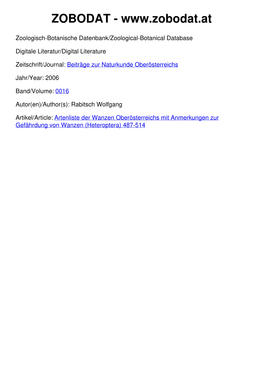 Artenliste Der Wanzen Oberösterreichs Mit Anmerkungen Zur Gefährdung Von Wanzen (Heteroptera) 487-514 Beitr
