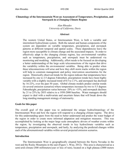 Climatology of the Intermountain West an Assessment of Temperature, Precipitation, and Snowpack in a Changing Climate Regime