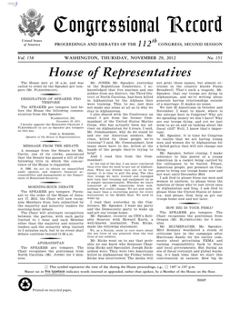 Congressional Record United States Th of America PROCEEDINGS and DEBATES of the 112 CONGRESS, SECOND SESSION