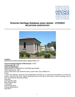 Victorian Heritage Database Place Details - 2/10/2021 MELBOURNE OBSERVATORY