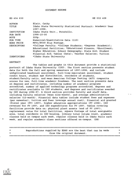 Idaho State University Statistical Portrait: Academic Year 1997-1998. INSTITUTION Idaho State Univ., Pocatello