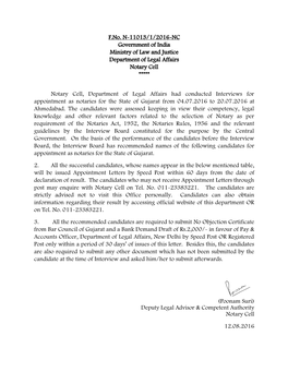 F.No. N-11013/1/2016-NC Government of India Ministry of Law and Justice Department of Legal Affairs Notary Cell *****