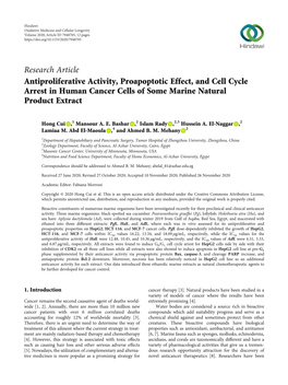 Research Article Antiproliferative Activity, Proapoptotic Effect, and Cell Cycle Arrest in Human Cancer Cells of Some Marine Natural Product Extract