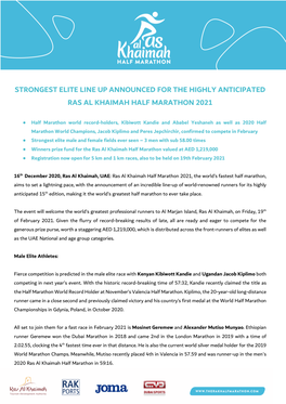 Strongest Elite Line up Announced for the Highly Anticipated Ras Al Khaimah Half Marathon 2021