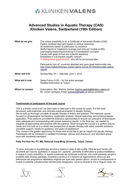 Advanced Studies in Aquatic Therapy (CAS) Kliniken Valens, Switzerland (19Th Edition)