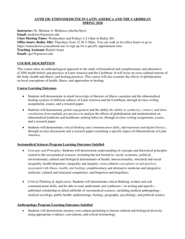 ANTH 238: ETHNOMEDICINE in LATIN AMERICA and the CARIBBEAN SPRING 2020 Instructor: Dr. Melanie A. Medeiros (She/Her/Hers) Email