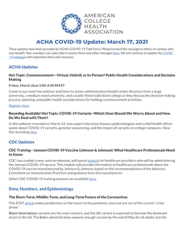 March 17, 2021 These Updates Have Been Provided by ACHA's COVID-19 Task Force