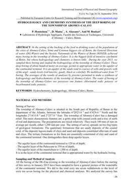 Hydrogeology and Chemistry Synthesis of the Deep Boring of the Township of Abomey-Calavi