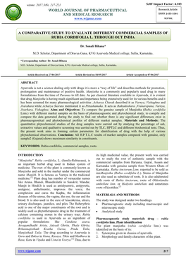 A Comparative Study to Evaluate Different Commercial Samples of Rubia Cordifolia L. Through out India