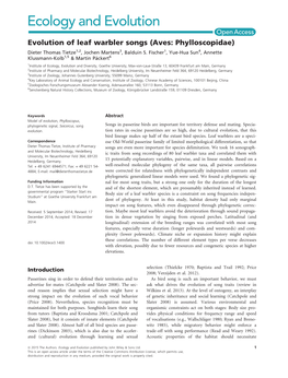 Evolution of Leaf Warbler Songs (Aves: Phylloscopidae) Dieter Thomas Tietze1,2, Jochen Martens3, Balduin S