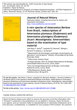 And Ameroseius Plumigera (Oudemans) (Acari: Mesostigmata: Ameroseiidae) Based on the Examination of Type Material João Paulo Z