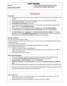 CDT Notes Class: 6Th Topic: Political and Physical Features of India, Panchayati Raj , Magadha, Vikramaditya