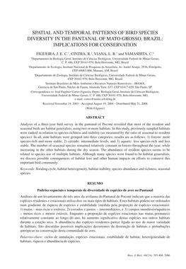 Spatial and Temporal Patterns of Bird Species Diversity in the Pantanal of Mato Grosso, Brazil: Implications for Conservation