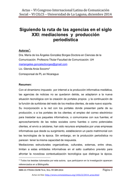 Siguiendo La Ruta De Las Agencias En El Siglo XXI: Mediaciones Y Producción Periodística