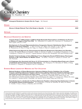 Clinical Chemistry (ISSN 0009-9147) Is Published Monthly by the American Association for Clinical Chemistry, 1850 K Street, Suite 625, Washington, DC 20006