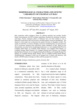 Original Research Article Morphological Characters and Genetic Variability