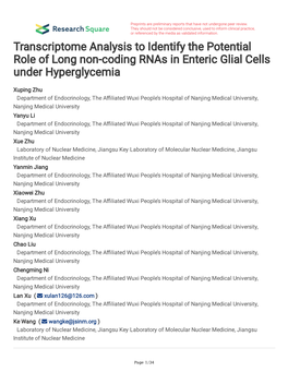 Transcriptome Analysis to Identify the Potential Role of Long Non-Coding Rnas in Enteric Glial Cells Under Hyperglycemia