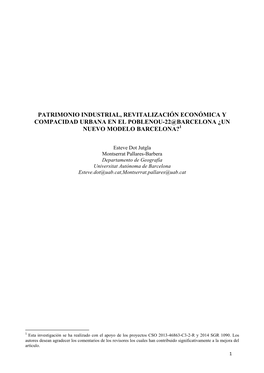 Patrimonio Industrial, Revitalización Económica Y Compacidad Urbana En El Poblenou-22@Barcelona ¿Un Nuevo Modelo Barcelona?1